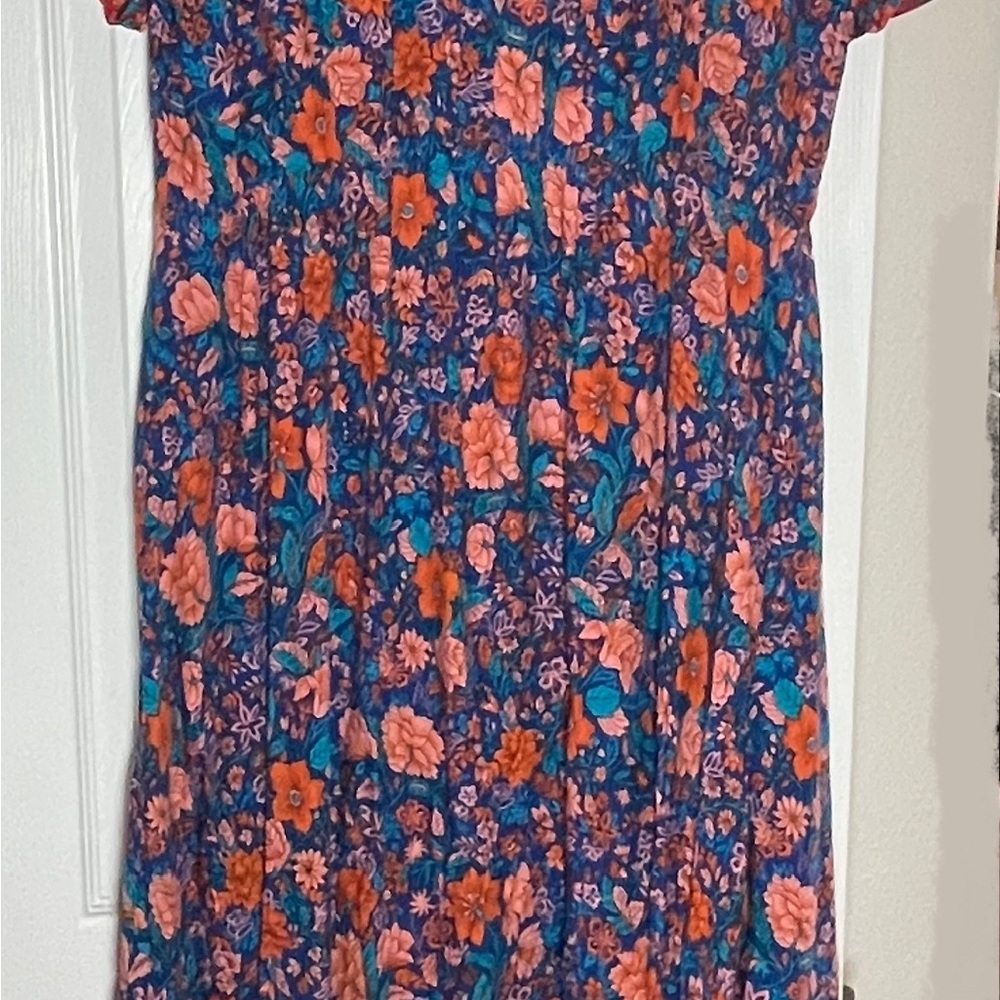 PrettyGarden women’s dress with pink and orange flowers on blue background